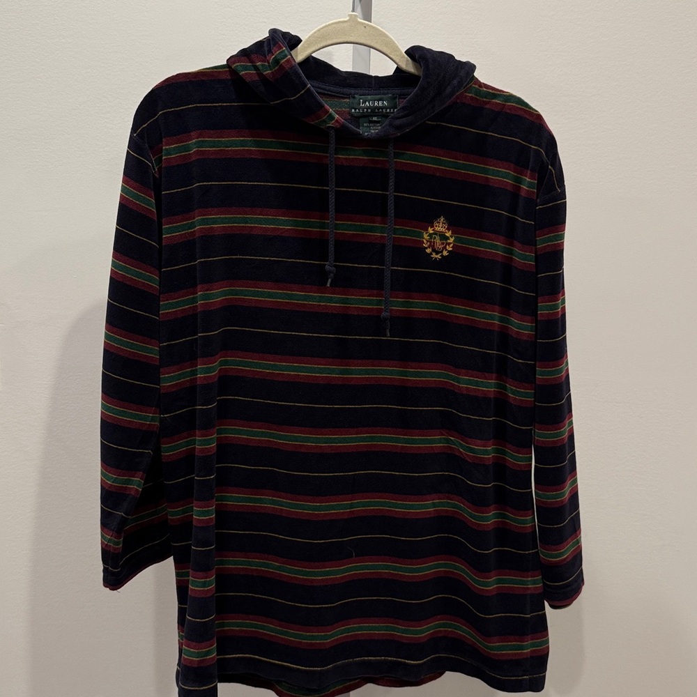 Vintage Lauren Ralph Lauren Striped Hooded Women Size S Oversized Velour Y2K
